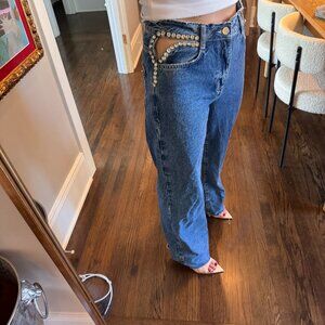 ZARA HZ975 Mid Rise Bejeweled Cutout Women's Jeans
